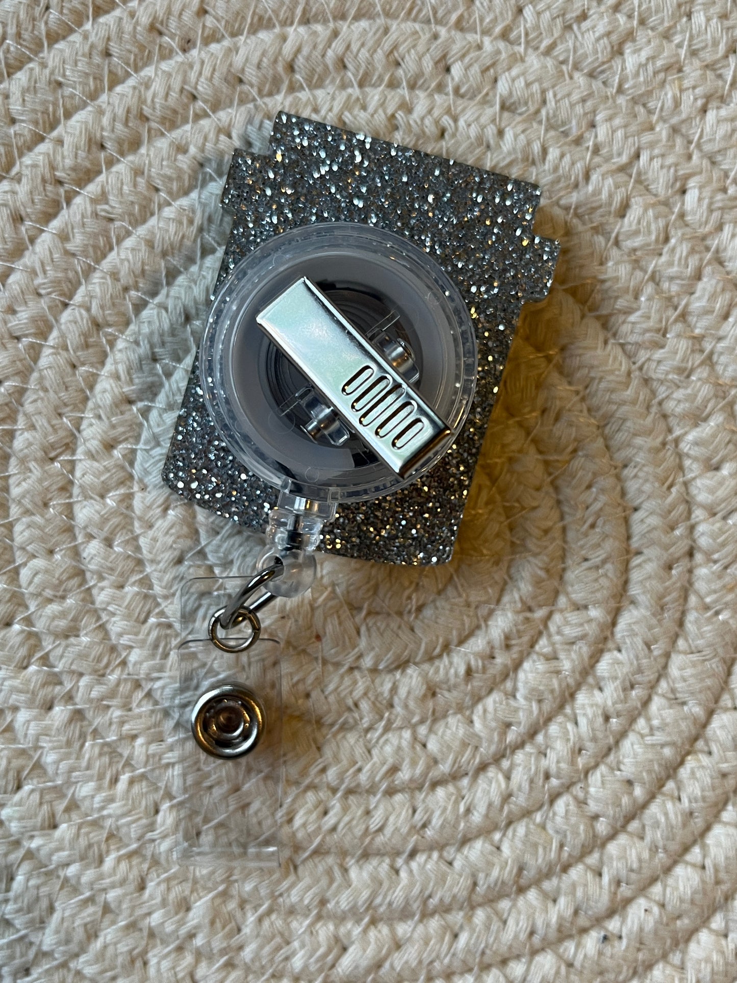 Prescription bottle shaker badge reel, Silver glitter