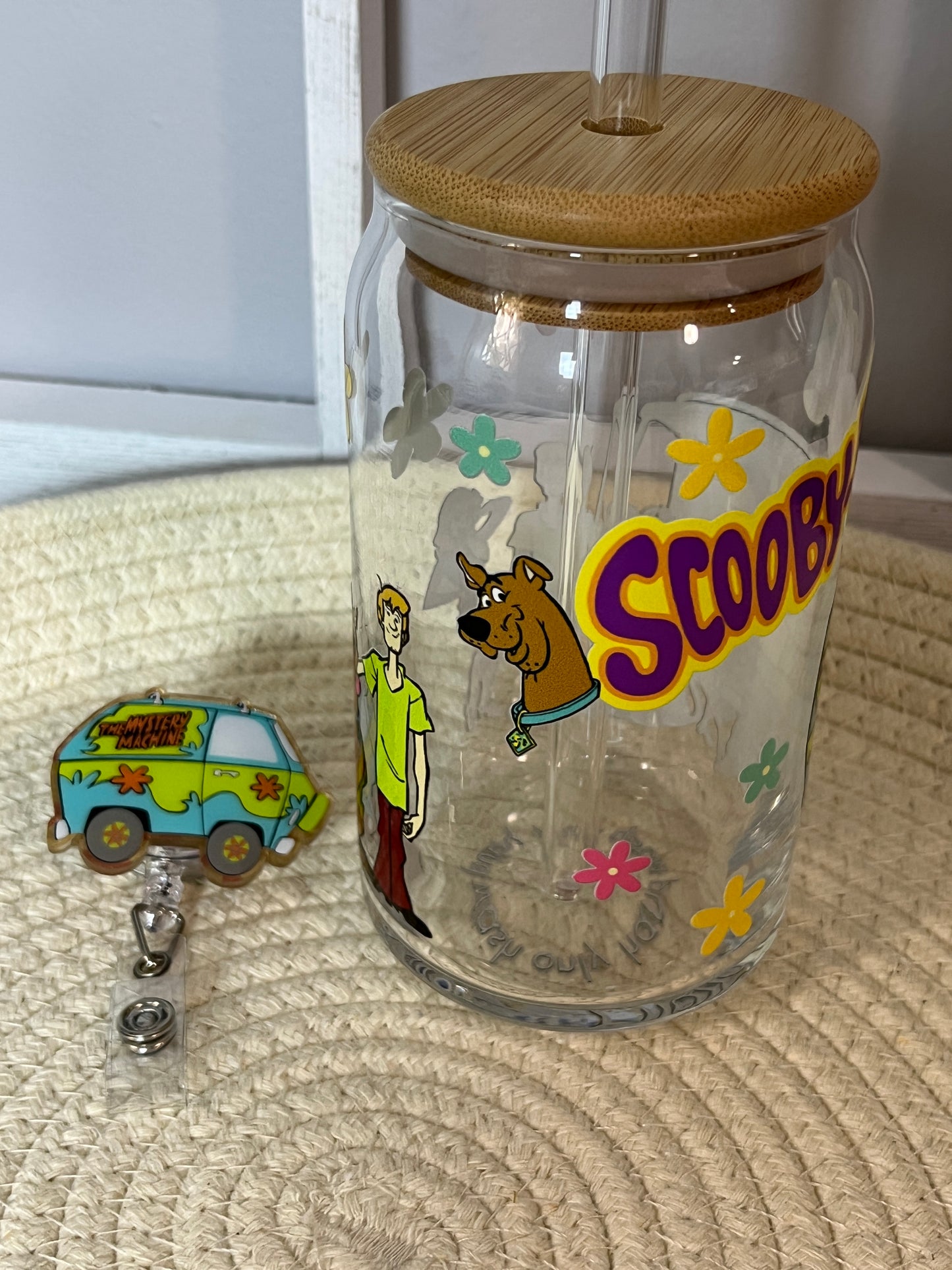 Meddling Kids badge reel and Libbey glass set